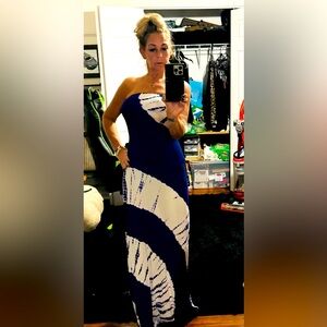 Long tube top-fitted dress blue-cobalt /white